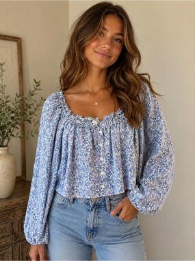 American Eagle Outfitters Blue Floral Button-Front Peasant Top